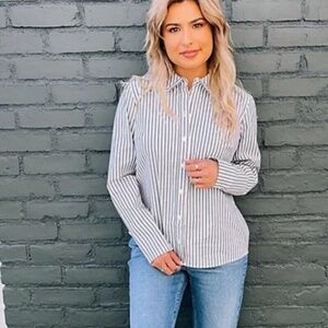 Candace Cameron Bure Navy Striped Dress Shirt Ruffle Collar